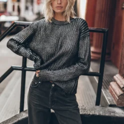 The Silver Coated Knitted Sweater -Mikuta Store mikuta silver coated knitted sweater black ripped relaxed jeans model marie 2690 scaled