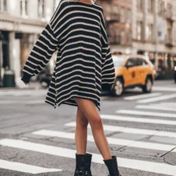 The Striped Long Knitted Sweater -Mikuta Store mikuta striped long knitted sweater black buckle boots model marie 1295 scaled