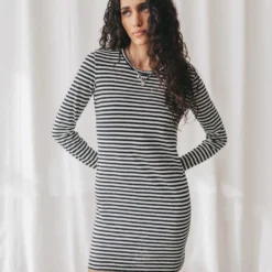 The Striped Short Linen Longsleeve Dress -Mikuta Store mikuta striped short linen longsleeve dress aya f SS25 1550 scaled