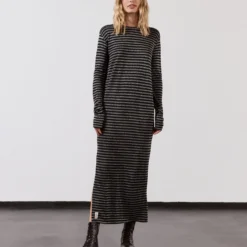 The Striped Sparkly Longsleeve Dress -Mikuta Store mikuta striped sparkly thin longsleeve dress black laced leather boots model lara 1 scaled