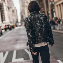 The Studded Leather Jacket -Mikuta Store mikuta studded leather jacket off white dry cotton vintage t shirt black loose jeans model vanessa 4078 scaled