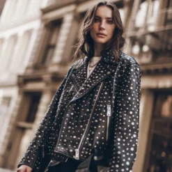 The Studded Leather Jacket -Mikuta Store mikuta studded leather jacket off white dry cotton vintage t shirt black loose jeans model vanessa 4407 scaled