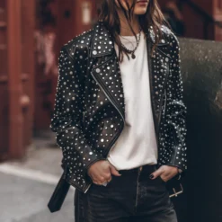 The Studded Leather Jacket -Mikuta Store mikuta studded leather jacket off white dry cotton vintage t shirt black loose jeans model vanessa 4454 scaled