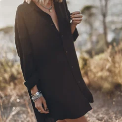 The Black Flowy Shirt Dress -Mikuta Store mikuta the black flowy shirt dress the black buckle boots 8415 scaled