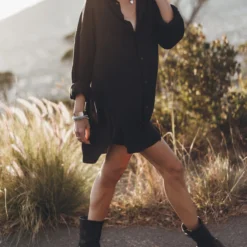 The Black Flowy Shirt Dress -Mikuta Store mikuta the black flowy shirt dress the black buckle boots 8454 scaled