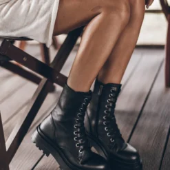 The Black Laced Leather Boots -Mikuta Store mikuta the black laced leather boots the ecru thin knit dress 1317 scaled