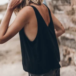 The Black Linen Base Tank Top -Mikuta Store mikuta the black linen base tank top the black loose denim shorts 8966 scaled