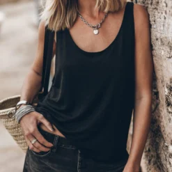 The Black Linen Base Tank Top -Mikuta Store mikuta the black linen base tank top the black loose denim shorts 9288 scaled