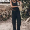 The Black Loose Linen Pants -Mikuta Store mikuta the black loose linen pants the dark regular tank top the small cesta bag the black leather buckle sandals 7364 scaled
