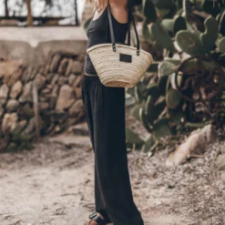 Mikuta Store -Mikuta Store mikuta the black loose linen pants the dark regular tank top the small cesta bag the black leather buckle sandals 7381 scaled