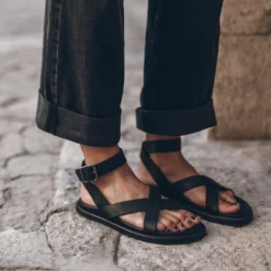 The Black Strappy Leather Sandals -Mikuta Store mikuta the black strappy leather sandals the black baggy jeans 8190 scaled