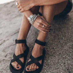 The Black Strappy Leather Sandals -Mikuta Store mikuta the black strappy leather sandals the dark faded short draped t shirt dress 2209 scaled