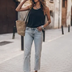The Blue Cropped Straight Jeans 16 The Blue Cropped Straight Jeans -Mikuta Store mikuta the blue cropped straight jeans the dark low back base tank top the black studded leather sandals the large raffia basket bag aina b SS25 8949 scaled