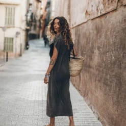 The Dark Faded Long Batwing Dress 10 The Dark Faded Long Batwing Dress -Mikuta Store mikuta the dark faded long batwing dress the black studded leather sandals the large cesta bag aina b SS25 0453 scaled
