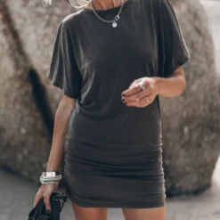 The Dark Faded Short Draped T-Shirt Dress -Mikuta Store mikuta the dark faded short draped t shirt dress the black strappy leather sandals 1889 scaled