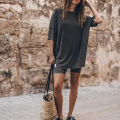 The Dark Faded Short Loose T-Shirt Dress -Mikuta Store mikuta the dark faded short loose t shirt dress the dark faded base biker shorts the black leather buckle sandals the large raffia basket bag aina b SS25 0322 scaled