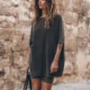 The Dark Faded Short Loose T-Shirt Dress -Mikuta Store mikuta the dark faded short loose t shirt dress the dark faded base biker shorts the black leather buckle sandals the large raffia basket bag aina b SS25 0334 scaled