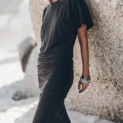 The Dark Long Draped T-Shirt Dress -Mikuta Store mikuta the dark long draped t shirt dress johanna r SS25 6259 scaled