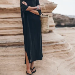 The Dark Long Loose T-Shirt Dress -Mikuta Store mikuta the dark long loose t shirt dress the black studded leather sandals the large cesta bag 5228 scaled
