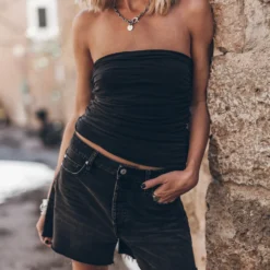 The Dark Ruched Bandeau Top -Mikuta Store mikuta the dark ruched bandeau top the black loose denim shorts 4592 scaled