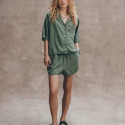 The Green Co-Ord Shorts -Mikuta Store mikuta the green co ord shirt the green co ord shorts the black leather buckle sandals liva b SS25 3418 scaled