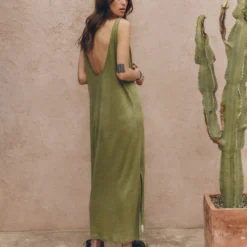 The Green Low Back Linen Tank Dress