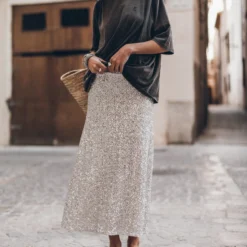 The Light Long Sequin Skirt 13 The Light Long Sequin Skirt -Mikuta Store mikuta the light long sequin skirt the dark faded long loose cotton t shirt the black studded leather sandals the large cesta bag 6006 scaled