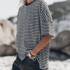 The Striped Long Loose Thin Linen T-Shirt