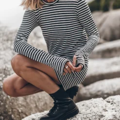 The Striped Short Linen Longsleeve Dress -Mikuta Store mikuta the striped short linen longsleeve dress the black laced leather boots 9718 scaled