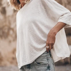 The White Loose Linen T-Shirt -Mikuta Store mikuta the white loose linen t shirt the blue baggy jeans 4596 scaled