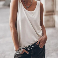 The White Low Back Base Tank Top -Mikuta Store mikuta the white low back base tank top the black baggy jeans the studded belt the large cesta bag 9113 scaled