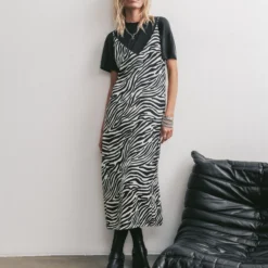 The Zebra Long Lyocell Slip Dress -Mikuta Store mikuta zebra long lyocell slip dress dark regular cotton t shirt black biker boots marie c SS25 2018 scaled
